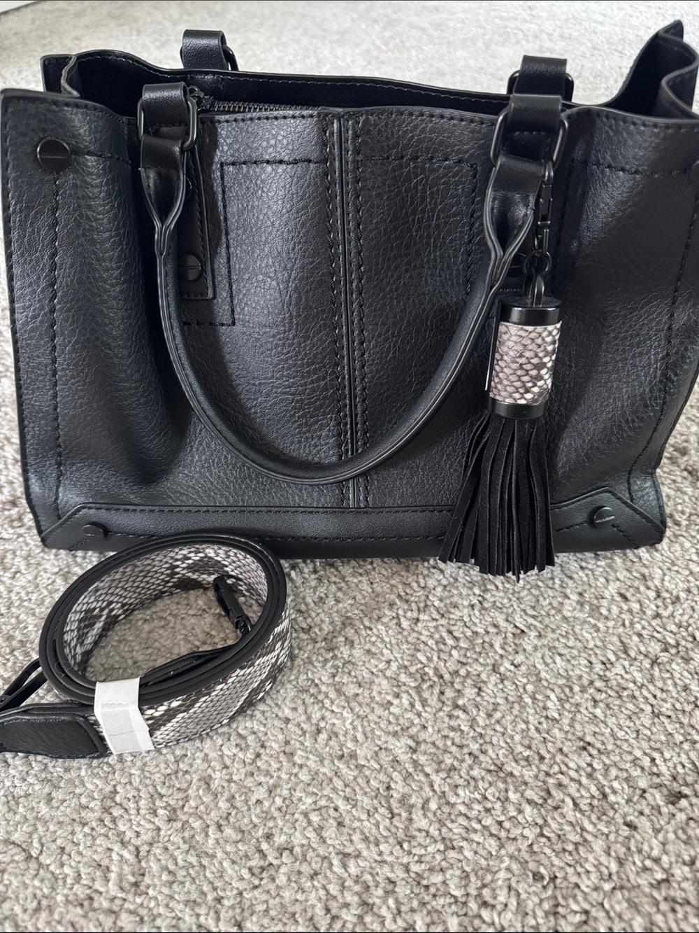 Aldo Black Satchel with Snake-Print Strap and Tassel